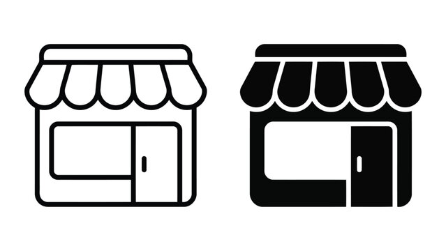 Small retail shop building icon set with awning in outline and solid black style for business and commerce web graphics