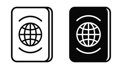 Passport icons with globe symbol in outline and solid black styles for travel and international identity themes © saijid stock