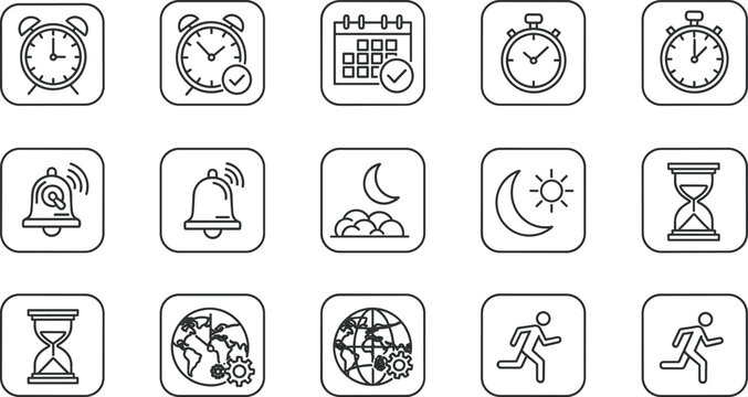 Time management scheduling line icon set featuring minimal alarm clock calendar stopwatch vector symbols for mobile web UI design