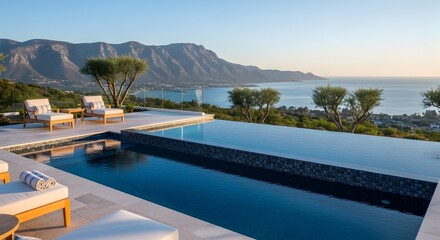 Fototapeta premium Luxury infinity pool overlooking the mediterranean sea and mountains at sunset in crete, greece