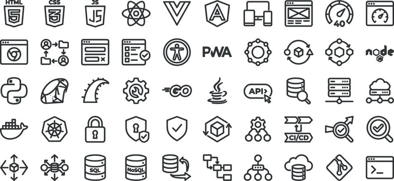 Web development and software programming line icons set for full stack developer application interface design projects vector