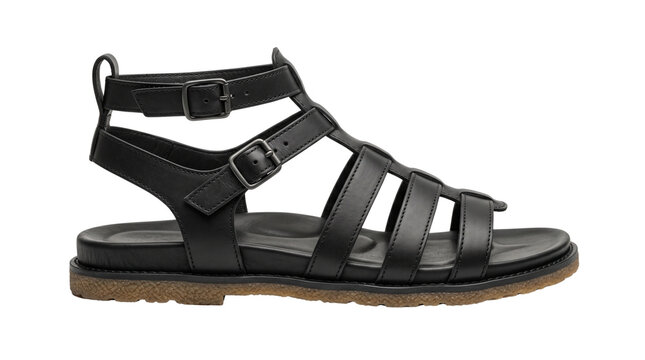 Black leather gladiator sandals with buckle straps, classic summer footwear for women, stylish flat leather sandals for casual walking isolated on White Background