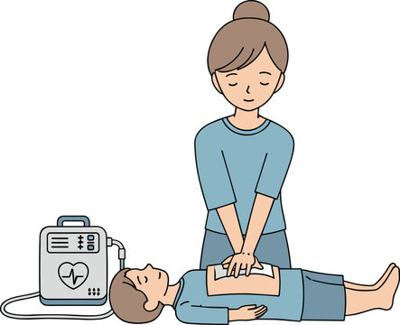 Woman performing cpr first aid resuscitation on patient with aed defibrillator machine medical training education illustration vector