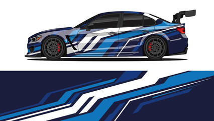 Obraz premium Side profile of a blue and white racing car with dynamic graphics.