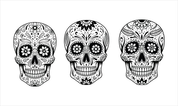 Decorative mexican sugar skulls illustration set with sugar skull black and white day of the dead