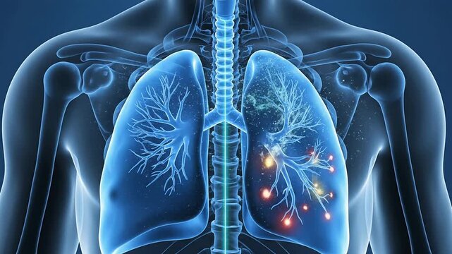 4K Visualization Of Transparent Chest Showing Lungs And Respiratory Pathways Highlighting Disease Detection With Glowing Markers Ideal For Medical Applications
