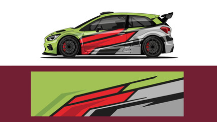 Obraz premium Bright green and red race car with bold geometric livery on a dark background.