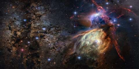 Galactic universe with glowing nebula and stars in deep space and cosmic galaxy view © pixel