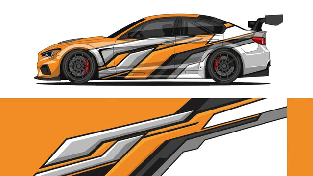 Sleek orange and white racecar with bold graphic stripes viewed from side.