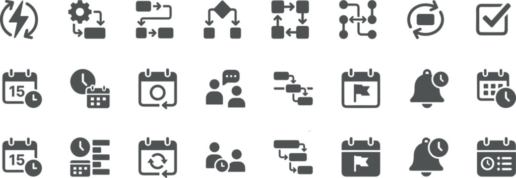 Project Management Workflow Automation And Calendar Event Scheduling Glyph Icon Set For Corporate Planning Website Dashboard UI Design