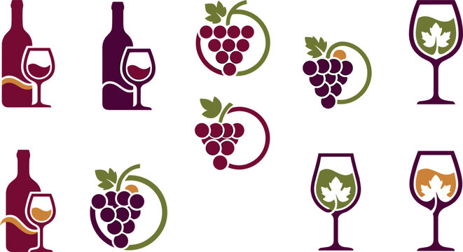 Wine Bottle and Glass Logo Vector Set with Grape Bunches, Winery Vineyard Leaves, and Circular Beverage Icons