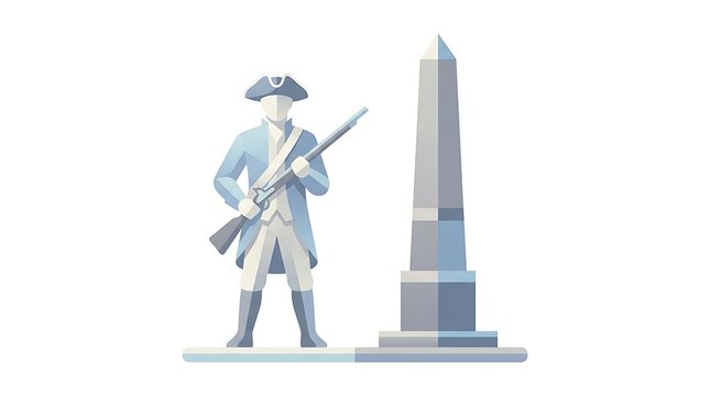 Revolutionary War Soldier and Monument Flat Vector Illustration