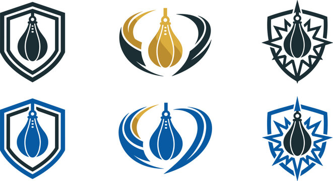 Boxing Speed Bag Logo Vector Set Featuring Gym Security Shields, Dynamic Swoosh Wings, and Fitness Training Emblems