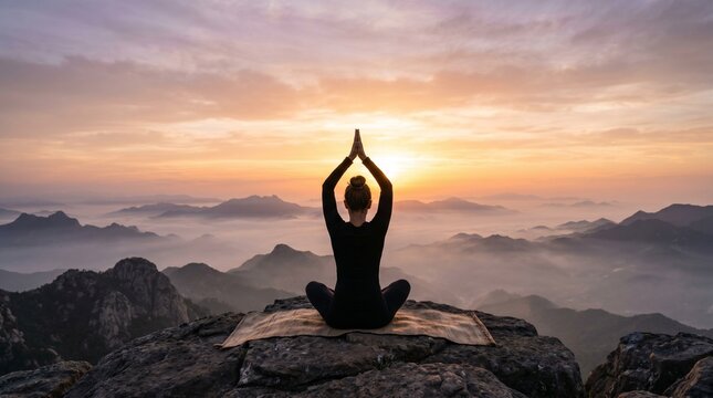 Back view of woman practicing yoga on mountain peak at breathtaking sunrise, International Yoga Day poster