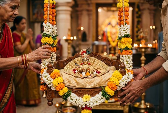 Devotees Rocking Baby Krishna Laddu Gopal Idol on Floral Jhula Cradle During Janmashtami Festival
