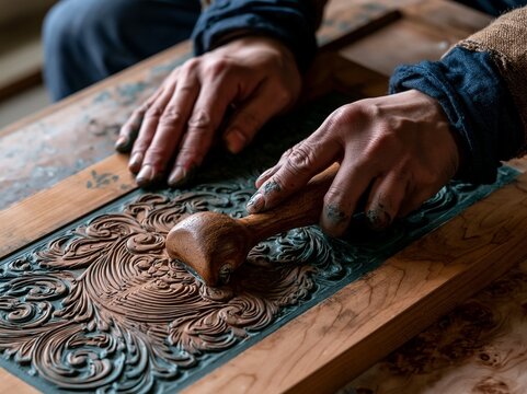 Woodblock print artisan's hands with baren tool over carved block