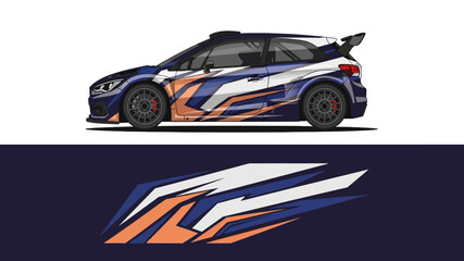 Obraz premium Sleek race car with blue orange graphic livery on dark backdrop.
