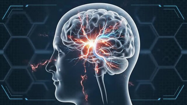 Anatomical Representation of Brain Neural Activity Illustrating Migraine Concepts Against Technology-Inspired Background