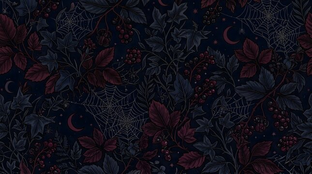 Dark Gothic Botanical Seamless Pattern with Leaves Berries Spiderweb Moon and Stars on Navy Background