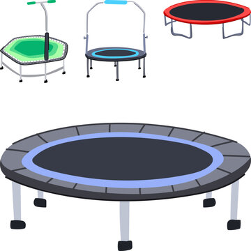 Assorted trampolines presenting various designs, sizes, and features for exercise, recreation, and bouncing activities, often used in gyms, homes, and outdoor spaces