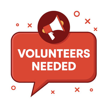 Volunteers needed announcement with megaphone icon in a red speech bubble