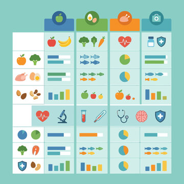 Flat vector infographic showing nutrition and health data charts