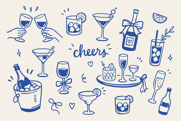 Cheers Drinks Hand Drawn Doodle Sketch Vector Set with Cocktails Champagne Wine Glasses and Party Celebration Elements © Daishin