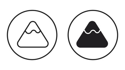 Stylized mountain peak icons within circles in line drawing and solid fill for travel and outdoor themes © AHMED