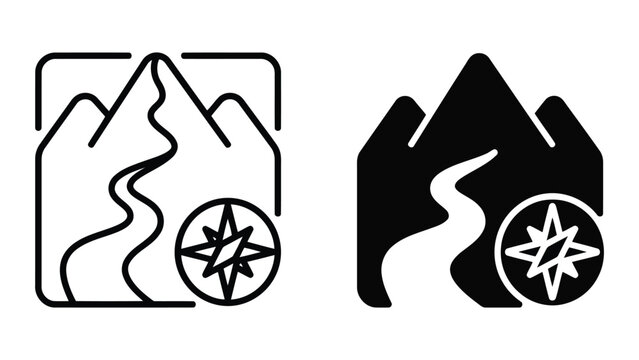 Mountain hiking trail icon set with compass navigation tool in line art and solid black fill variations for outdoor travel