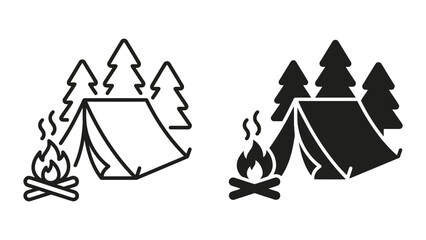 Camping tent and campfire icons in line art and solid silhouette for outdoor recreation and adventure themes © AHMED