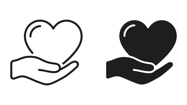 Charity heart in hand icon set featuring linear and solid black symbols for healthcare donation and volunteer support concepts