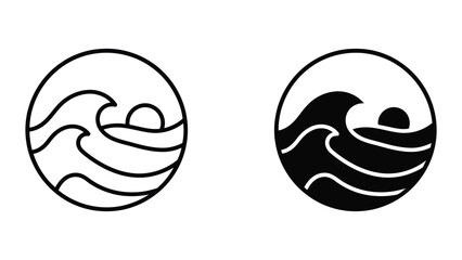 Ocean wave and sun icons within a circle outline and solid black fill for nature and travel themes © AHMED