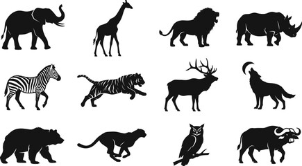 Wild animal silhouettes black vector set with isolated graphic illustrations of elephant giraffe lion rhinoceros zebra tiger deer wolf bear cheetah owl and buffalo © Malati