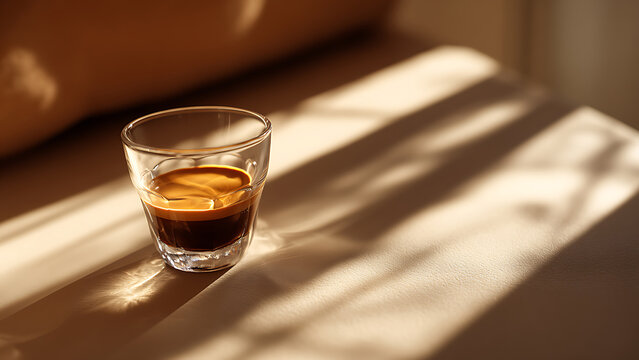 A single shot of espresso in a clear glass with morning sunlight casting shadows.