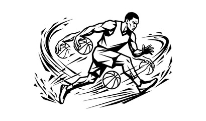 Obraz premium Dynamic Basketball Sportsman with Ball Black White Vector Illustration
