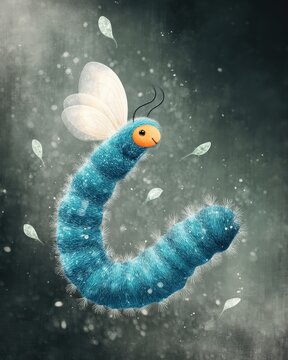 abstract neon blue ice sculpture Cute Blue Caterpillar with Transparent Butterfly Wings and Orange Face Flying Among Light Floating Leaves geometric neon blue ice pattern