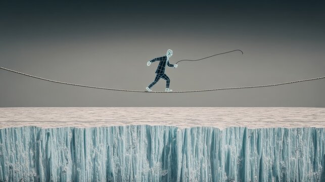 abstract neon blue ice sculpture Digital Illustration of a Man Walking on a Tightrope Over an Icy Chasm geometric neon blue ice pattern