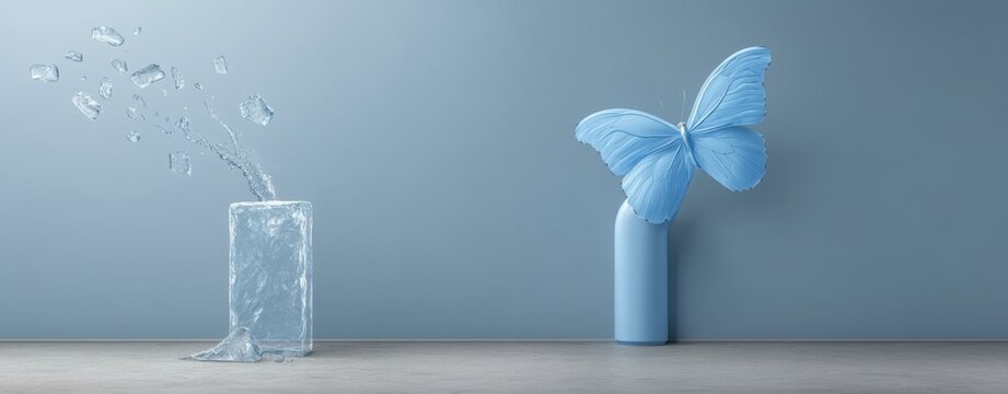 abstract neon blue ice sculpture Artistic depiction of a blue butterfly emerging from a blue container with a splash of water and a minimalist background geometric neon blue ice pattern