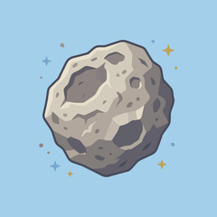 A cute cartoon asteroid floats in a light blue space © Gabriela
