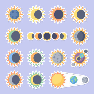 A set of cartoon stickers showing solar eclipse phases