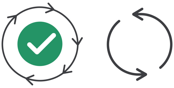 Update rotating arrows icon featuring circular sync motion, reverse cycle arrows, and check mark elements for synchronization, refresh process, swap operations, and system update interface design