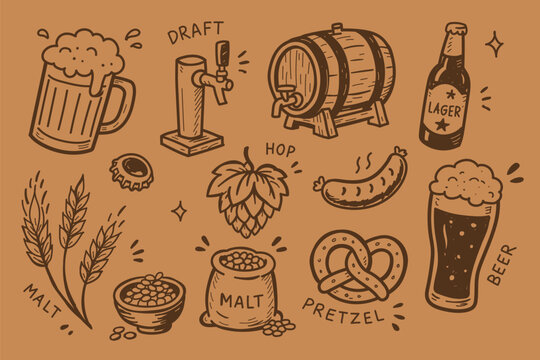 Craft Beer Brewery Elements Hand Drawn Doodle Sketch Vector Illustration Set with Hops Beer Mug Brewing Equipment and Rustic Brewery Icons