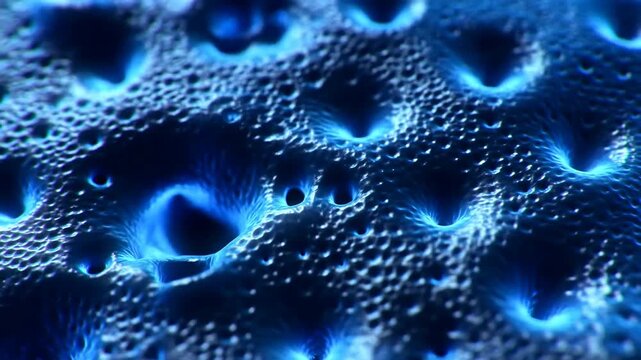 Abstract dark blue textured surface with glowing crater-like depressions and glossy highlights