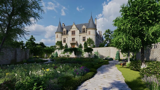 Historic castle surrounded by lush gardens and stone pathway in sunny countryside landscape