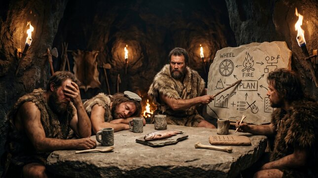 Cavemen Planning Meeting with Stone Tablet and Torches