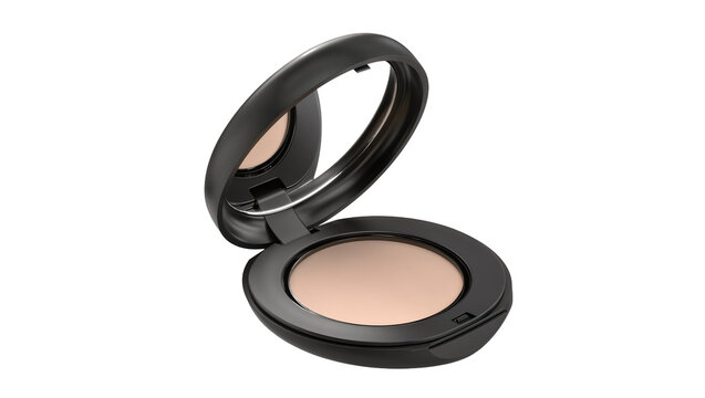 Open compact powder case with mirror and beige powder