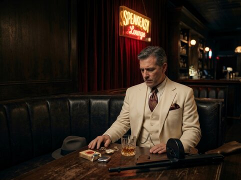 Man in a suit sitting at a table in a speakeasy with a tommy gun