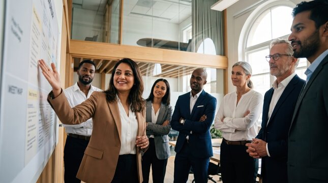 Inclusive Corporate Leadership: Indian Female Manager Presenting Strategic Roadmap to Diverse Team in Contemporary Open-Plan Office