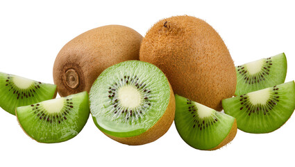 Fototapeta premium Whole and sliced kiwi fruits with vibrant green flesh and black seeds