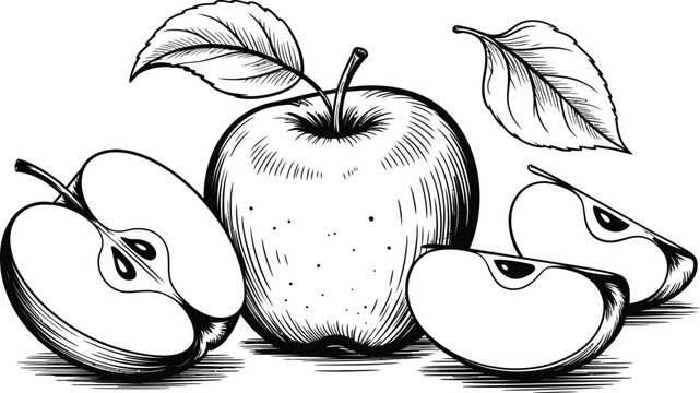 Black and white line drawing of fresh apples with leaves and slices for organic food design.